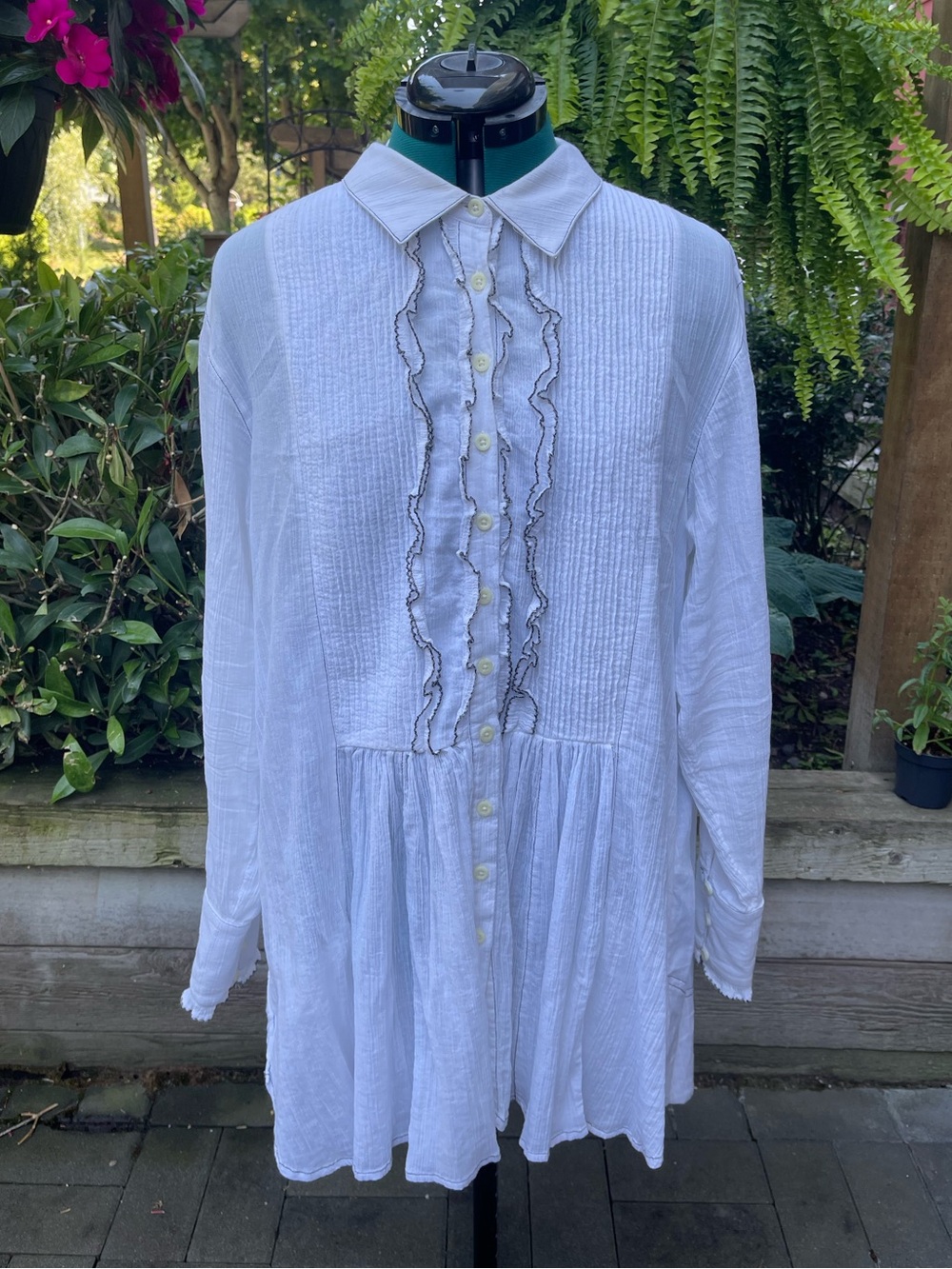 White Button-Front Ruffle Tunic